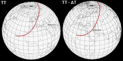 Mapa zatmění Slunce v roce 136 př.n.l. dle různých časových škál