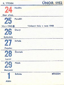 Týdenní kalendář pro rok 1952