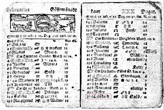 Švédský kalendář na únor z roku 1712