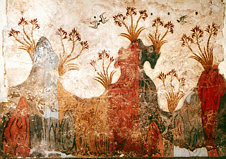 Freska s jarním motivem a vlaštovkami z ostrova Théra, vytvořeno kolem roku 1600 př. n. l.