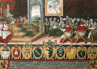 Zasedání tehdejší komise pro reformu kalendáře. Na trůně papež Řehoř XIII. a muž ukazující na znamení zvířetníku je patrně Ch. Clavius