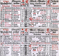 Německý kalendář z roku 1744, Velikonoce jsou o týden dříve (druhý sloupec, 29. března) než v gregoriánském kalendáři (třetí sloupec, 5. dubna)
