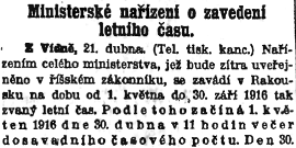 Oznámení o zavedení letního času v roce 1916 (Národní listy 22. duben 1916)