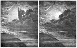 Stvoření světa, ilustrace Gustava Doré. Vlevo originál, vpravo úprava z hebrejských wiki stránek - Židé mají zakázáno zobrazovat Boha