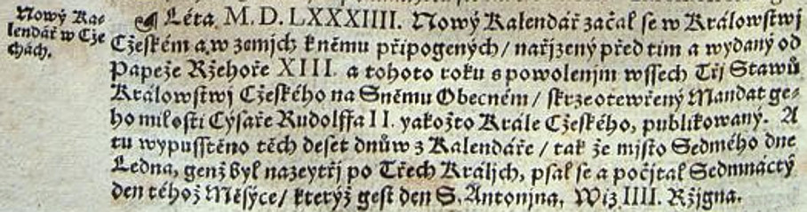 Zápis o přijetí gregoriánského kalendáře v Čechách v Kalendáři hystorickém z roku 1590