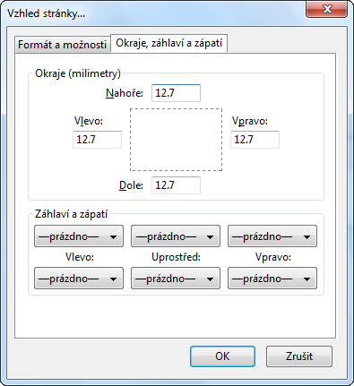Okno Vzhled stránky, panel Okraje, záhlaví a zápatí pro prohlížeč Firefox